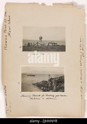 HI - Hawea Point. Hawae Point Light Station, Maui, Hawaii. Showing derrick for hoisting gas tanks. Molokai in distance. Stock Photo