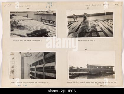 HI - Honolulu. Pier 4 Construction, Honolulu, Oahu, Hawaii. Showing old pier, part of Launch Lehua, and concrete piles for new pier. Stock Photo