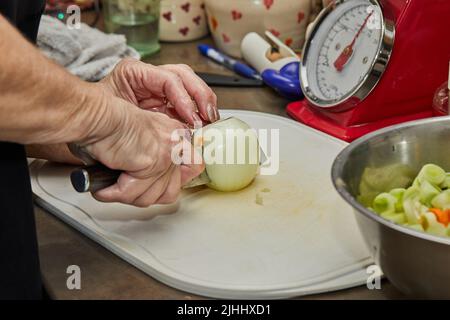 Chef cuts the onion into slices on the board in the home kitchen Stock Photo