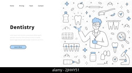 Dentistry medicine doodle landing page. Stomatology doctor with healthy shining tooth in hand, medical linear equipment icons around. Dental clinic services, teeth and caries treatment vector banner Stock Vector
