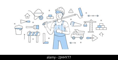 Construction and building doodle concept. Repair service worker in uniform with roller tool. Builder, repairman, renovation employee or foreman character with equipment, Line art vector illustration Stock Vector