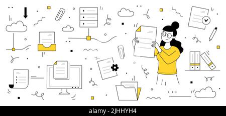 Data archive organization, office documents and files storage. Vector hand drawn illustration of woman sorts and organizes papers. Icons of folders, digital information in computer and cloud Stock Vector
