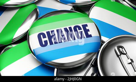 Change in Sierra Leone - national flag of Sierra Leone on dozens of pinback buttons symbolizing upcoming Change in this country. ,3d illustration Stock Photo