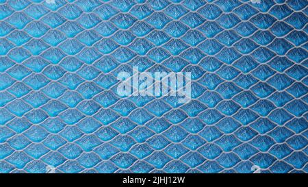 3D rendering. Blue ceramic tiles on the wall with wave pattern. Ceramic, tile, mosaic, abstract geometry. Fish scale texture in high quality. Blue tex Stock Photo