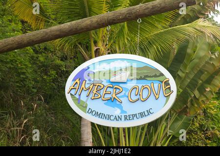 Amber Cove sign hung in cruise ship terminal complex, Dominican Republic Stock Photo