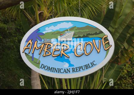 Amber Cove sign hung in cruise ship terminal complex, Dominican Republic Stock Photo