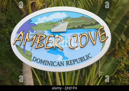 Amber Cove sign hung in cruise ship terminal complex, Dominican Republic Stock Photo