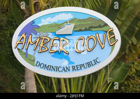 Amber Cove sign hung in cruise ship terminal complex, Dominican Republic Stock Photo