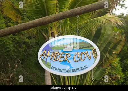 Amber Cove sign hung in cruise ship terminal complex, Dominican Republic Stock Photo