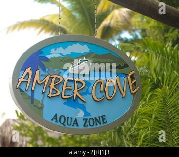 Amber Cove sign hung in cruise ship terminal complex, Dominican Republic Stock Photo