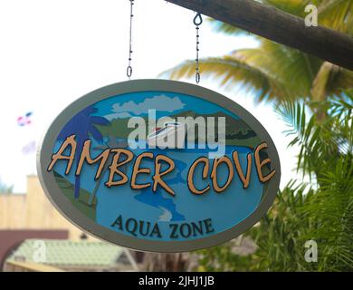 Amber Cove sign hung in cruise ship terminal complex, Dominican Republic Stock Photo