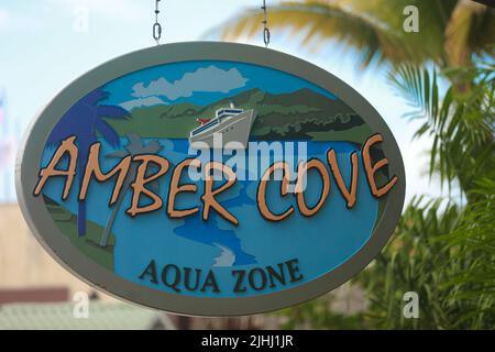 Amber Cove sign hung in cruise ship terminal complex, Dominican Republic Stock Photo