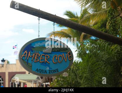 Amber Cove sign hung in cruise ship terminal complex, Dominican Republic Stock Photo