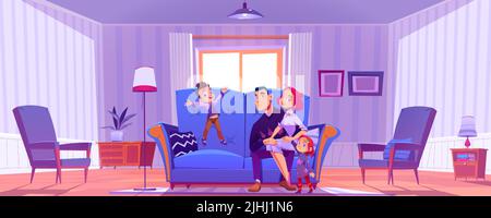 Happy family on couch in living room. Vector cartoon illustration of vintage house interior with couple sitting on sofa and cute kids. Mother, father, daughter and son relax at home together Stock Vector