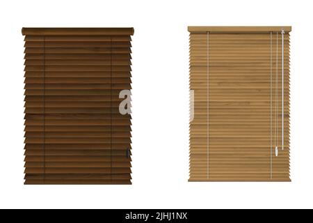 Window wooden rolling shutters, brown venetian blinds isolated on white background. Vector realistic set of wood jalousie curtains, louver shades for home or office interior Stock Vector