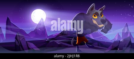 Spooky werewolf, wolf monster at night. Vector Halloween background with cartoon stone wasteland landscape with mountains, full moon in sky and scary lycanthrope Stock Vector