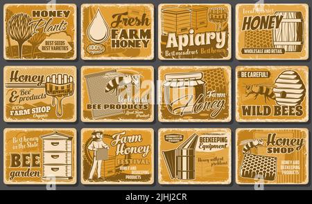Honey beekeeping apiary, beekeeper hives and honeycomb, vector retro posters or metal plates. Apiary farm and beekeeper gathering honey from hives and honeycombs, beekeeping equipment and bee products Stock Vector