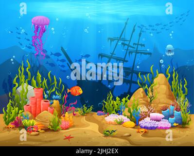 Underwater game landscape with sunken ship and sea animals such as ...
