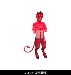 Devil Halloween creepy character, vector imp male personage. Cartoon fiend of hell creature with red skin, horns, peaky tail and goat hoofed legs stand with crossed arms. Autumn holiday satan creature Stock Vector