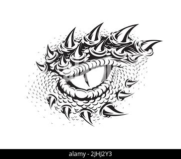 Dragon eye tattoo, dinosaur, snake or crocodile beast head, isolated vector. Dragon reptile or lizard monster and alligator eye with claws and scales on head, black white tribal art for tattoo design Stock Vector