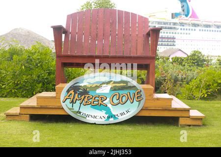 Amber Cove sign hung in cruise ship terminal complex, Dominican Republic Stock Photo