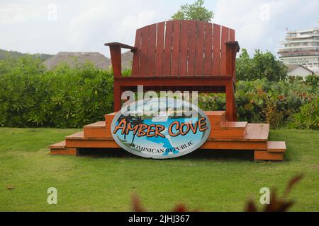 Amber Cove sign hung in cruise ship terminal complex, Dominican Republic Stock Photo