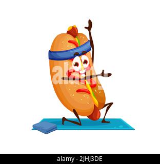 Cartoon funny hotdog character on yoga fitness. Funny fast food burger or sandwich personage or comical takeaway meal vector character, isolated cute hot dog personage doing fitness exercises Stock Vector