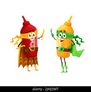 Cartoon mustard and ketchup superhero character. Fast food cafe sauces containers funny hero character in cape and mask. Cheerful mustard and ketchup squeeze bottles defenders cute vector personages Stock Vector