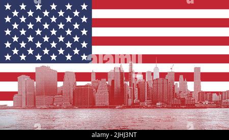 New York City midtown Manhattan skyline on United States America flag background Stock Photo