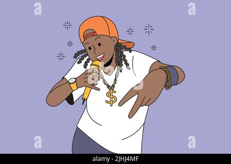 African American man in cap and gold accessories rapping. Male rapper sing in microphone. Hobby and entertainment. Vector illustration.  Stock Vector