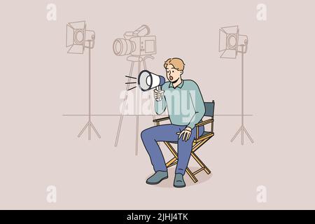 Film producer sitting on chair screaming in megaphone at shooting. Man movie director with loudspeaker manage scene. Vector illustration.  Stock Vector