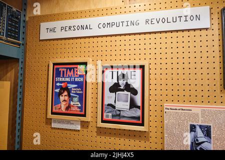 Display on the history of Silicon Valley, tech, computer development. A couple of Time magazine covers about Apple's Steve Jobs. At the Oakland Museum Stock Photo