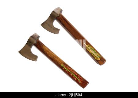 Pair of Vintage Throwing Axes Isolated on White Background Stock Photo