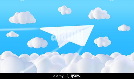 3D White Paper Plane in Sky with Clouds Stock Vector