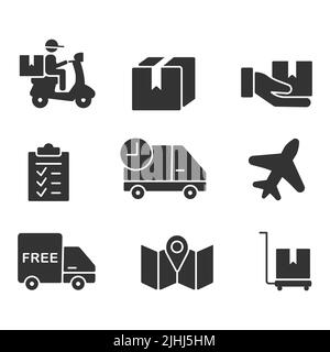 a pack of merged delivery icons with a man on a moped cart Stock Vector