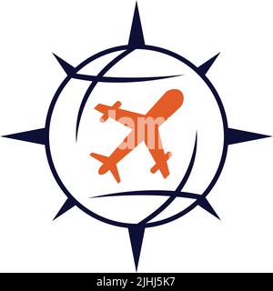 traveling plane compass world logo Icon Illustration Brand Identity Stock Vector