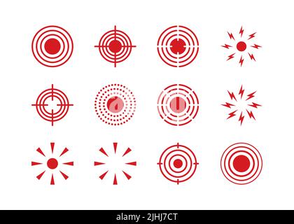 Pain point icons set. Pain red circles mark. Target spot symbols for medical design. Concept killer for headaches, abdominal aches. Editable stroke Stock Vector