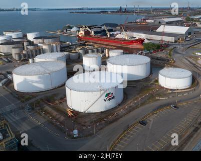 An aerial view of a large Vopak petroleum tank field is seen near Lake Ontario on the Hamilton Industrial waterfront. Stock Photo
