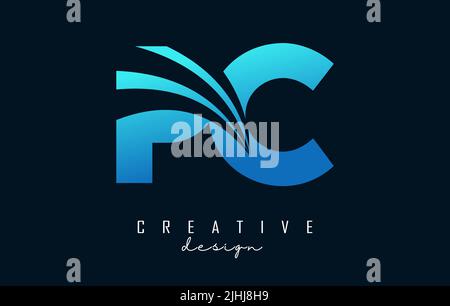 Creative blue letter PC p c logo with leading lines and road concept design. Letters with geometric design. Vector Illustration with letter and creati Stock Vector