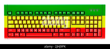 Rastafarian flag painted on computer keyboard. 3D rendering isolated on white background Stock Photo