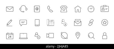 Contact, address line icon set. Mail, telephone adress, message symbol for website button. Editable stroke thin line design icon set. Vector illustration. Stock Vector