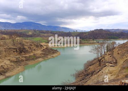 Green lake and Manavgat River in the taurus mountains of Antalya region, Turkey after the forest fire Stock Photo
