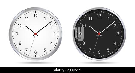 A set of black and white circular watches with a second hand and a metal bezel. Dial with numbers, hands and red center - vector Stock Vector