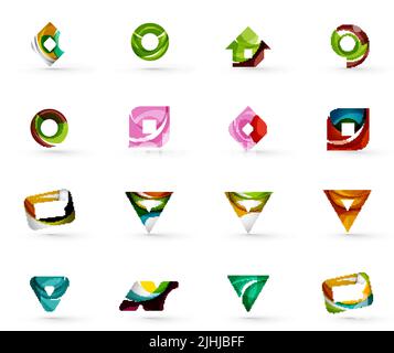 Set of various geometric icons -  rectangles triangles squares or circles. Made of swirls and flowing wavy elements. Business, app, web design logo te Stock Vector