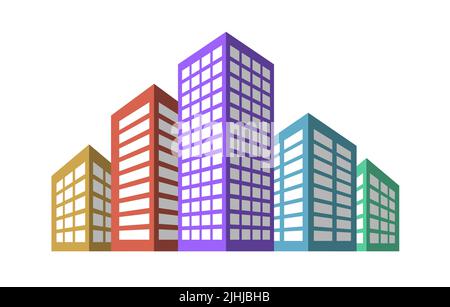 5 residential buildings, multicolored apartment houses with shadow and perspective, urban city architecture. Simple vector icon. Stock Vector