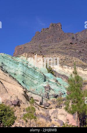 Turqouise green layer of iron hydrate, deposits in the rock, Azulejos, Grand Canary, Canary islands, Spain, Europe Stock Photo