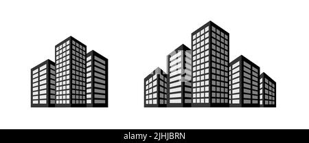 Group of buildings set. 3 and 5 multistorey black houses. Offices or residential apartments. Vector icon, with shadow and perspective. Stock Vector