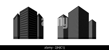Group of buildings set. 3 multistorey black houses. Office business apartments. Vector icon, with shadow and perspective. Stock Vector