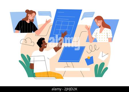 Team working together, using cloud software, working at a document from home office, online meeting via video conference. Project managing concept Stock Vector
