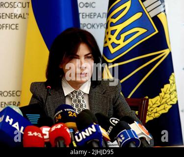 File photo dated May 11, 2021 of Prosecutor General of Ukraine Iryna Venediktova attends a briefing Kyiv, capital of Ukraine. Ukrainian President Zelensky has sacked the head of the country's security service and state prosecutor, citing hundreds of cases of alleged treason and collaboration with Russia, in the biggest shake-up since the war with its neighbour started. The Ukrainian president announced he was firing prosecutor general Iryna Venediktova and domestic security service chief, and childhood friend, Ivan Bakanov. Photo by Volodymyr Tarasov/Ukrinform/ABACAPRESS.COM Stock Photo